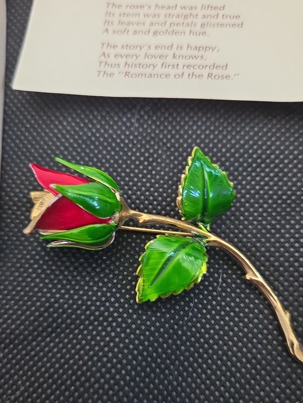 Red and Green Lisner Enamel Rose Brooch - With Original Box and poem.